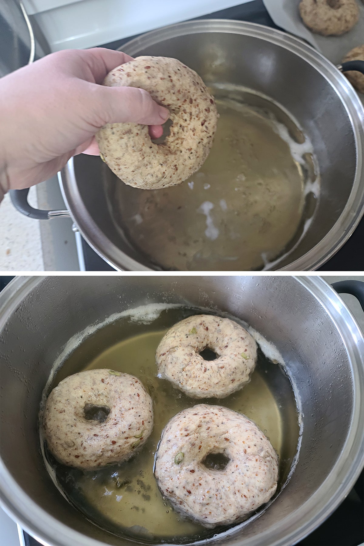 A two part image showing a hand holding a formed bagel over a pot of boiling honey water, and then 3 bagels simmering in the pot.