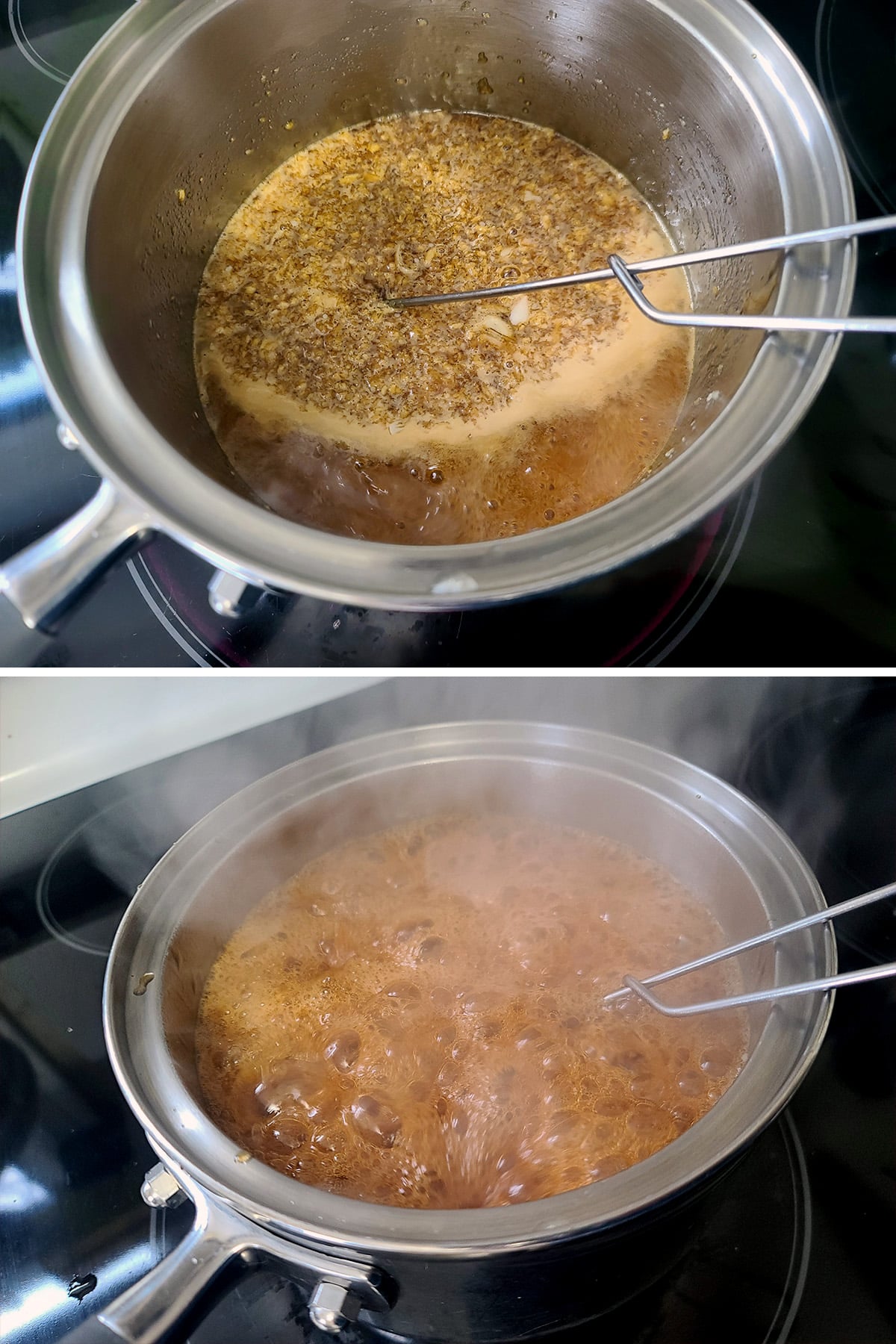 A 2 part image showing the sauce coming to a boil in a pot.