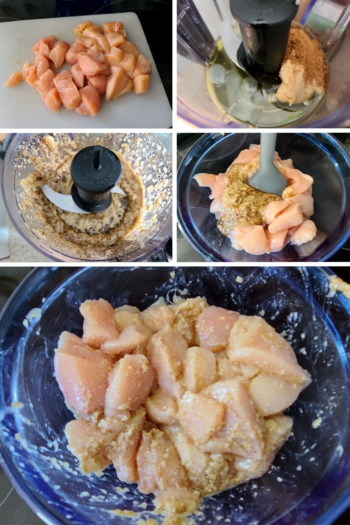 A 5 part image showing the chicken & marinade being prepared and combined.