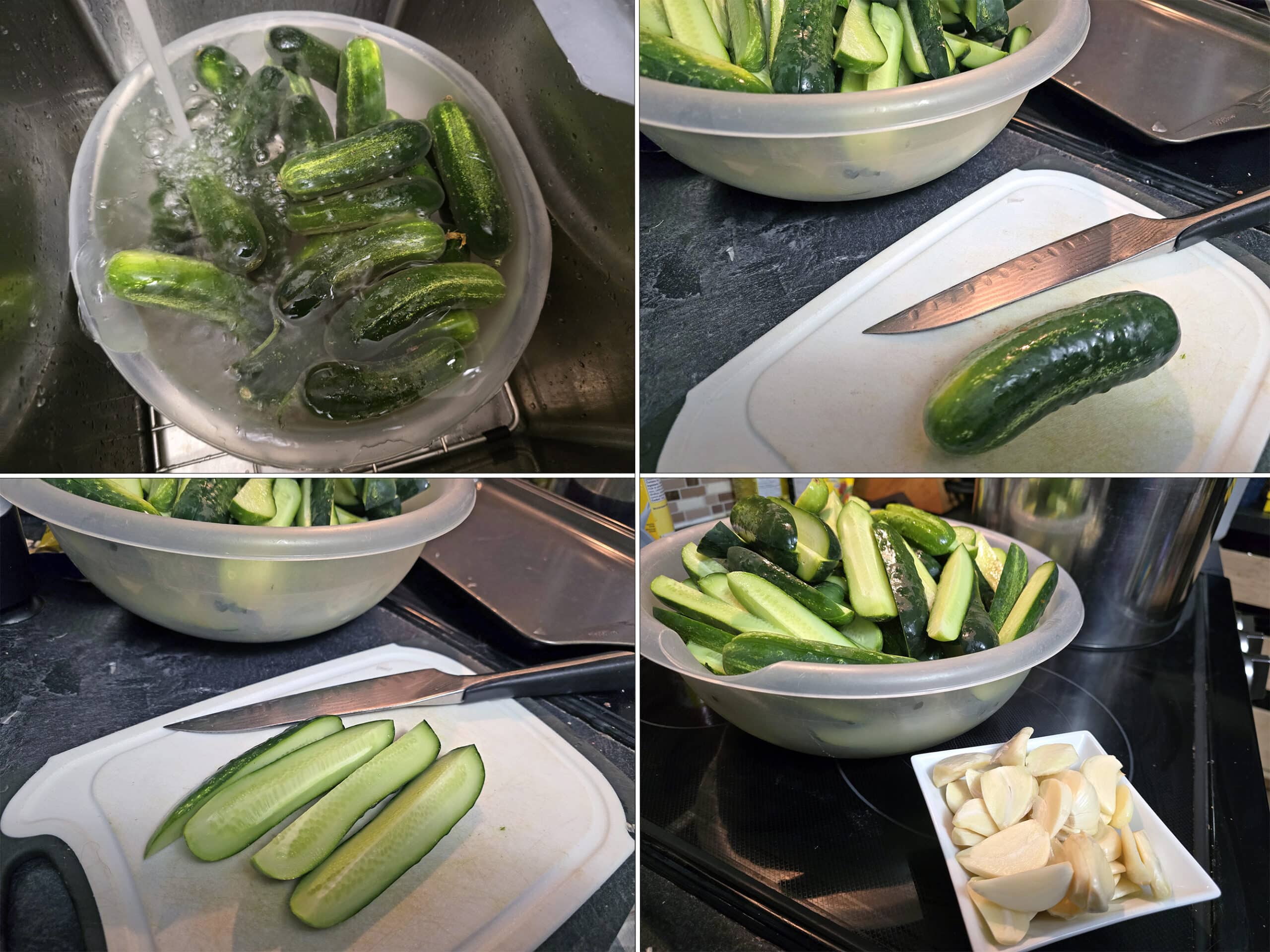 4 part image showing picking cucumbers being washed and being cut into spears.