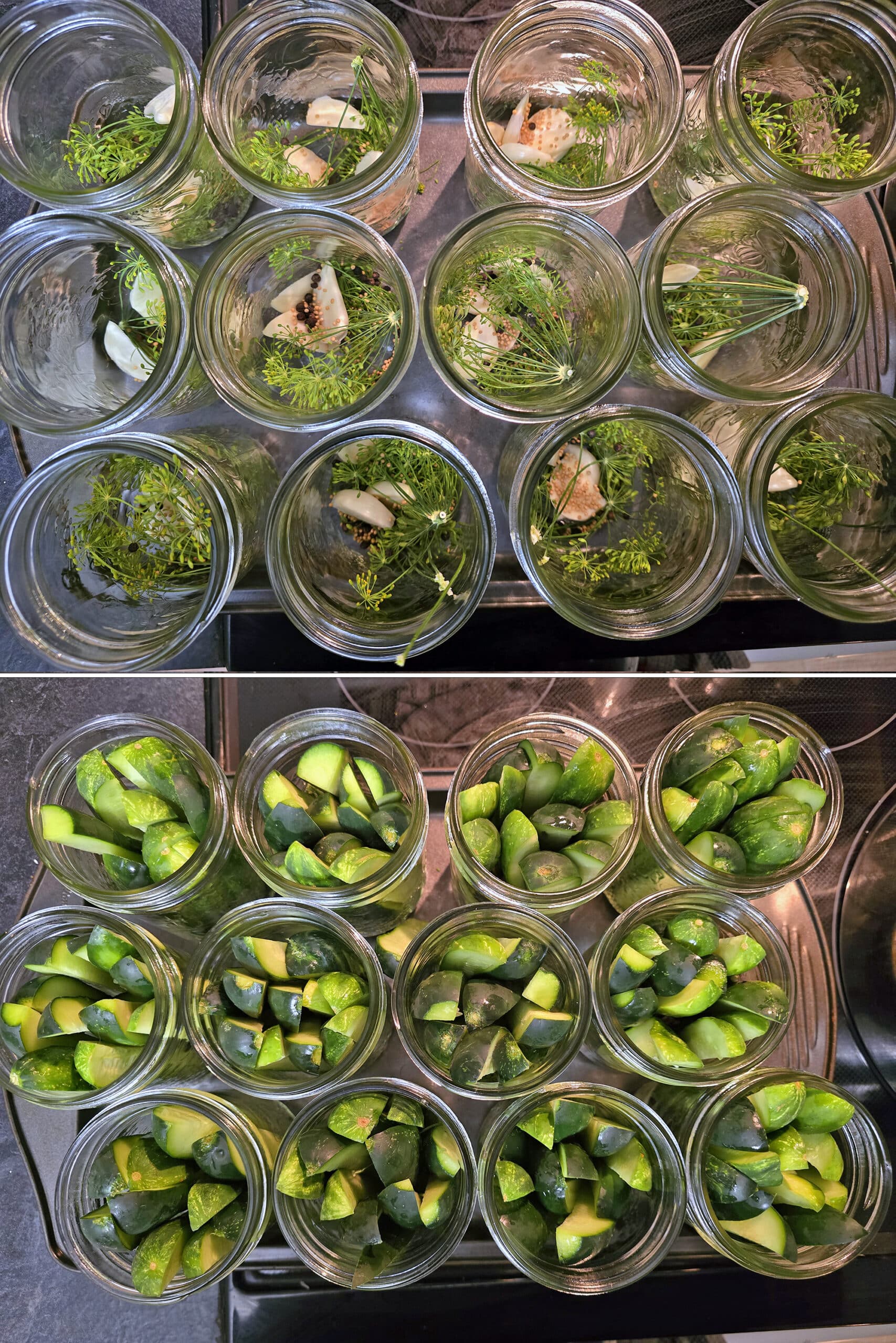 2 part image showing pint jars being packed with flavour ingredients then cucumber spears.