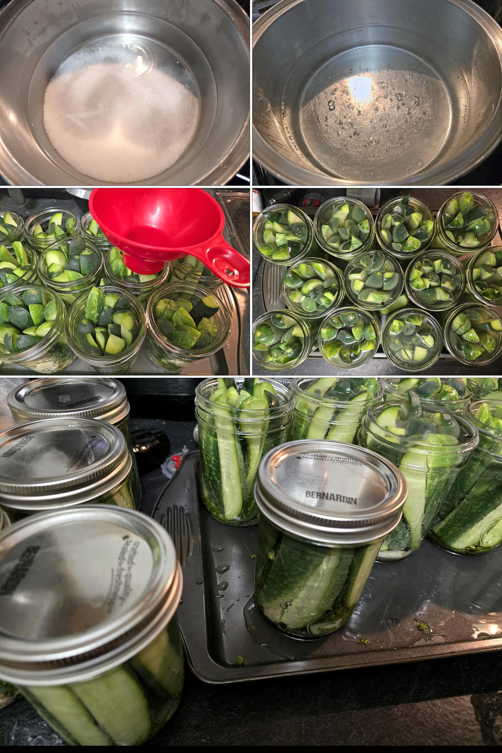 5 part image showing pickle brine being made in a pot, then poured into jars and capped off.