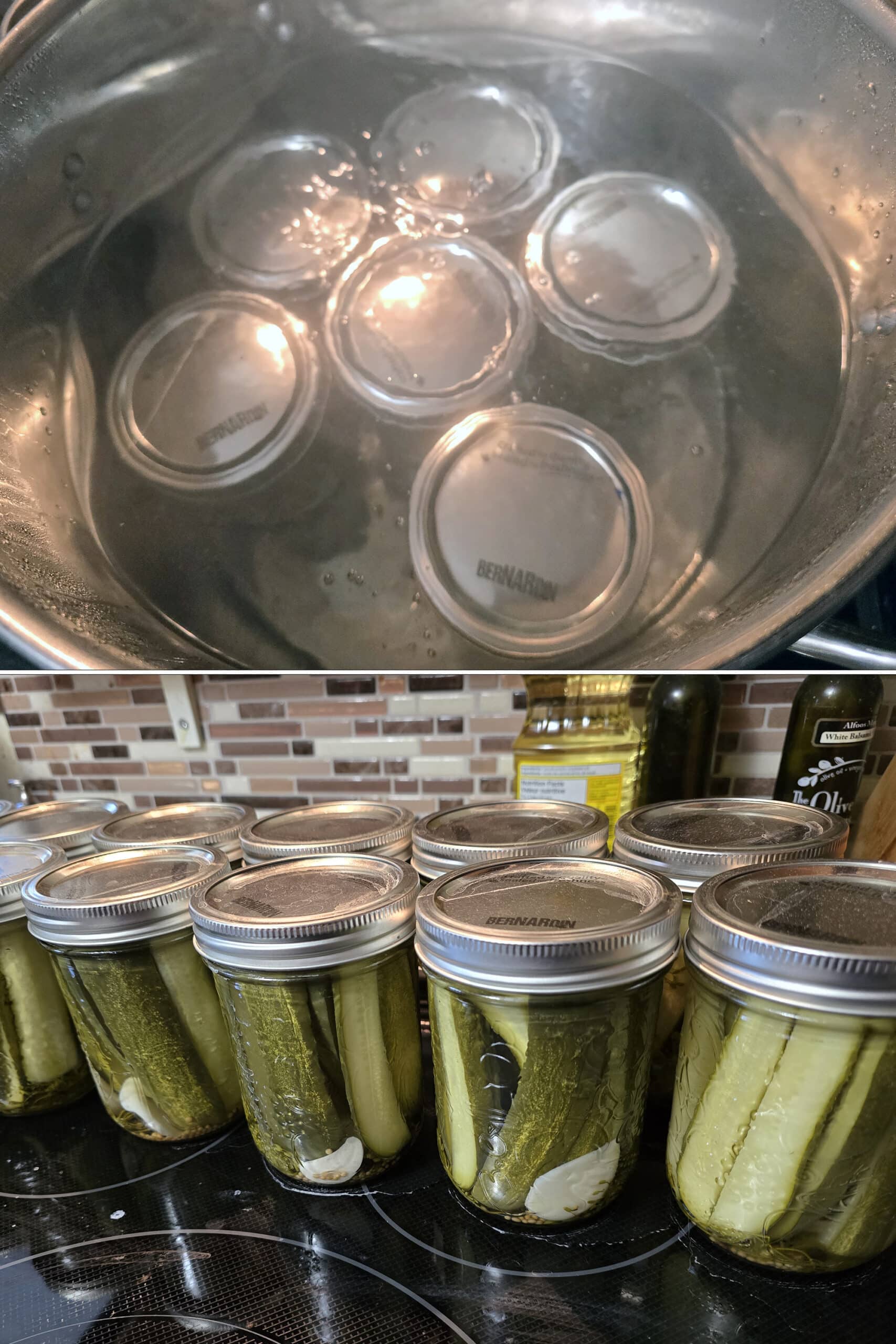 2 part image showing jars of homemade pickles processing in a water bath.