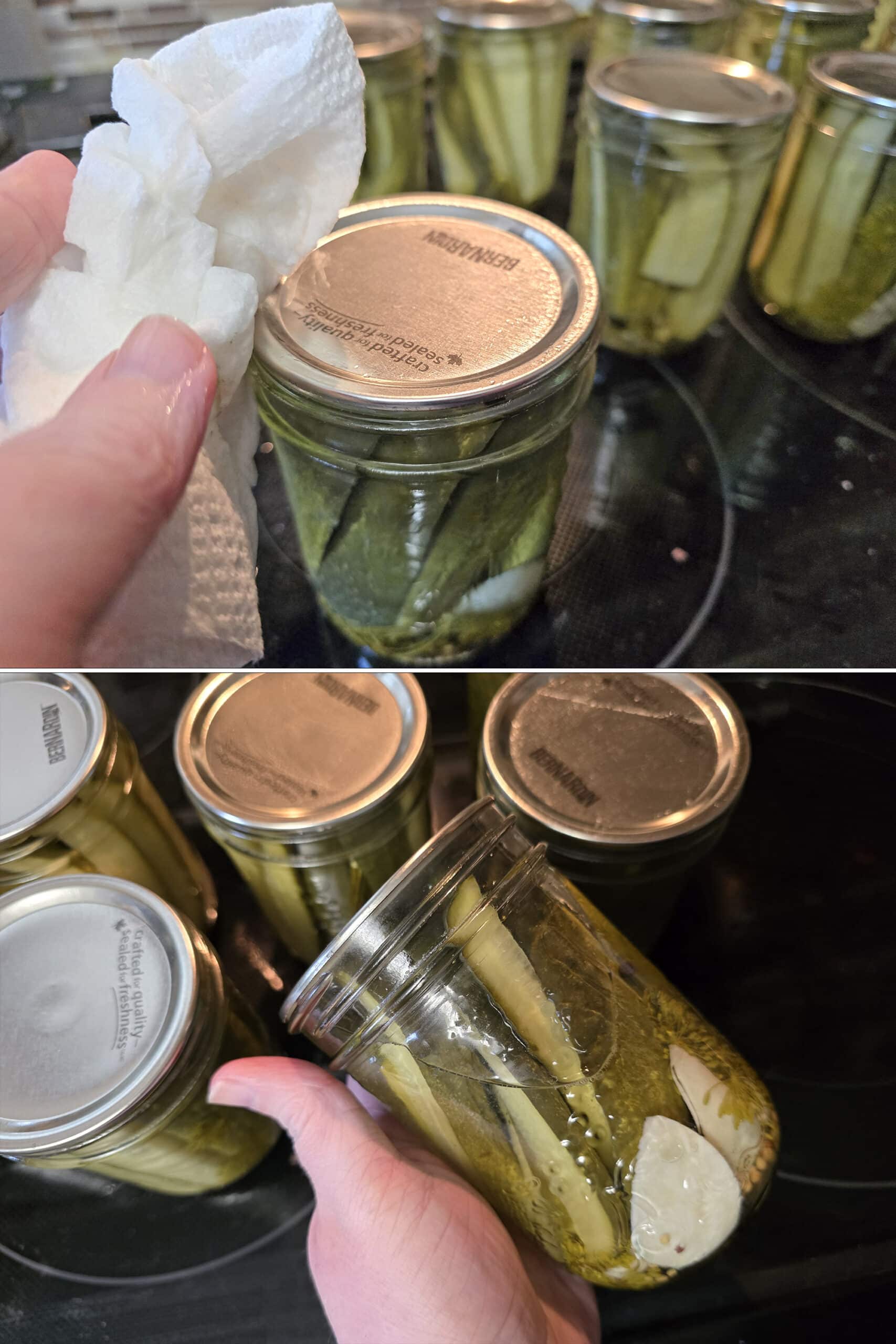 2 part image showing the lid and jar being wiped clean.