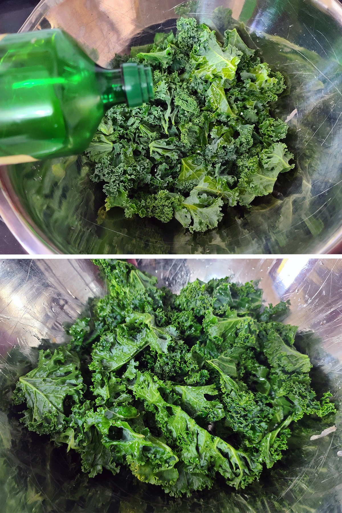OIl being poured over kale in a large bowl.