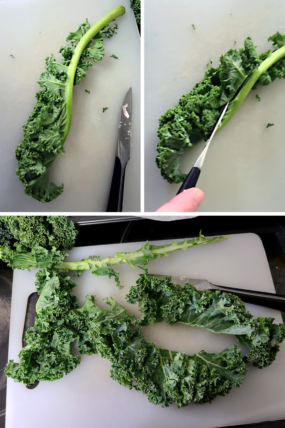 A 3 part image showing a leaf of curly kale being trimmed.