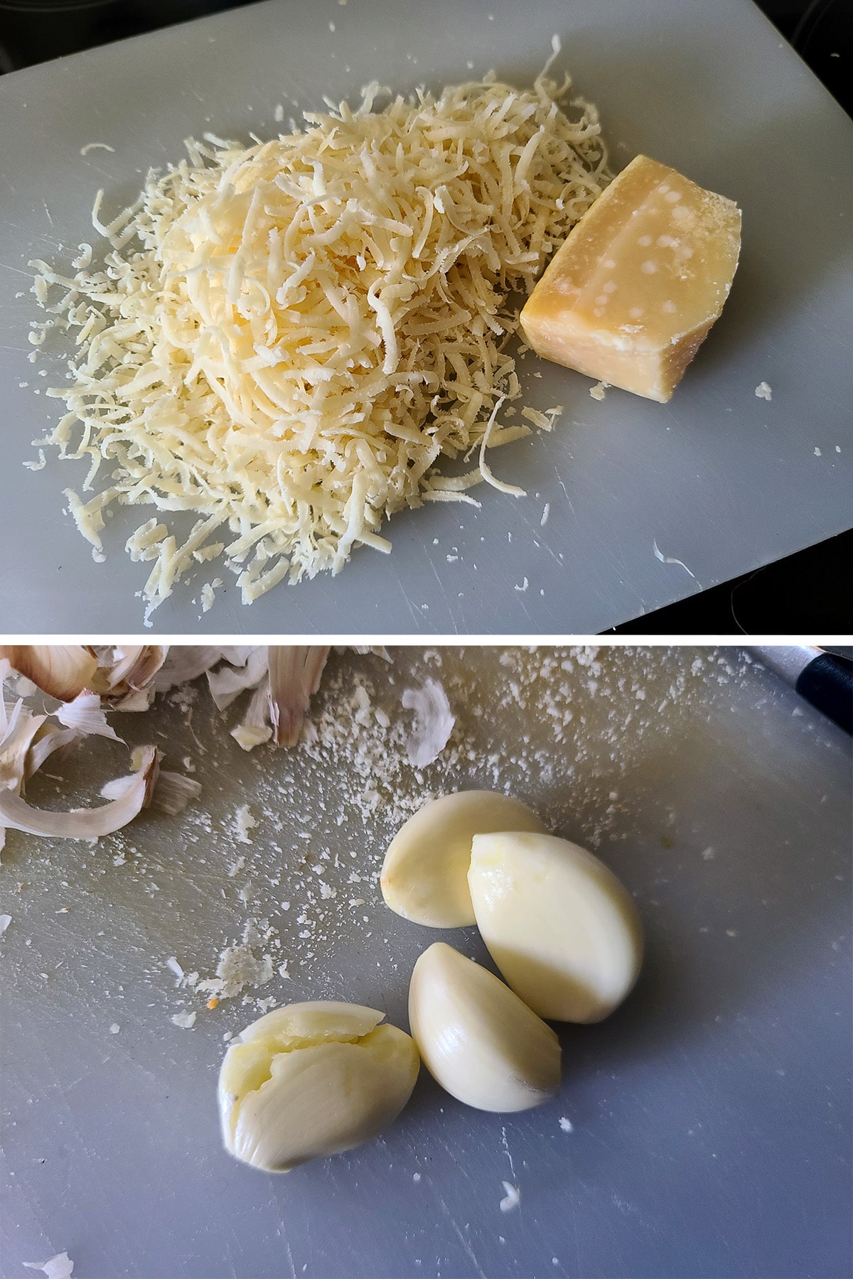 Shredded Parmesan cheese and several garlic cloves on a cutting board.