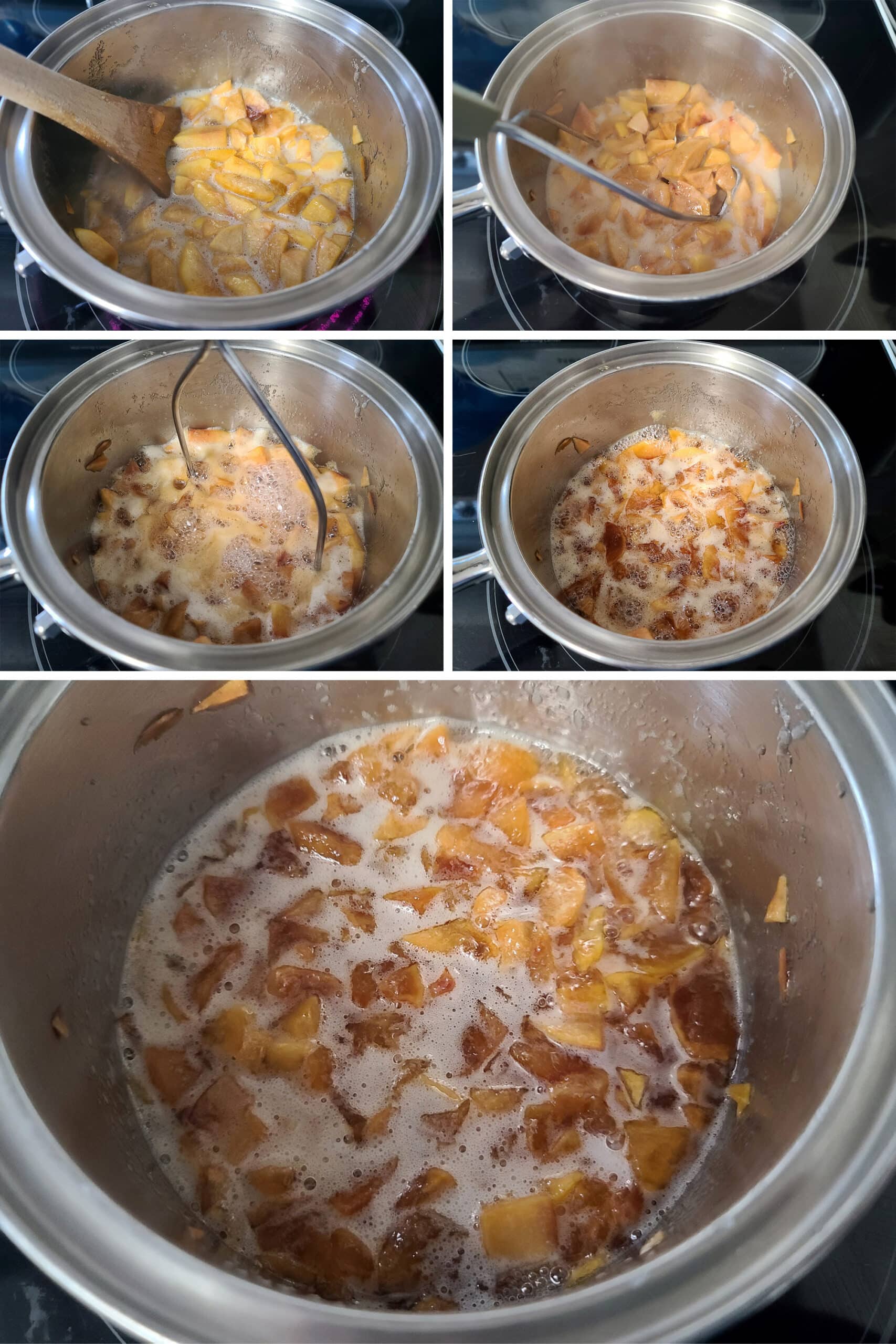 A 5 part image showing various stages of the peach jam cooking, the fruit breaking down and the mixture thickening.