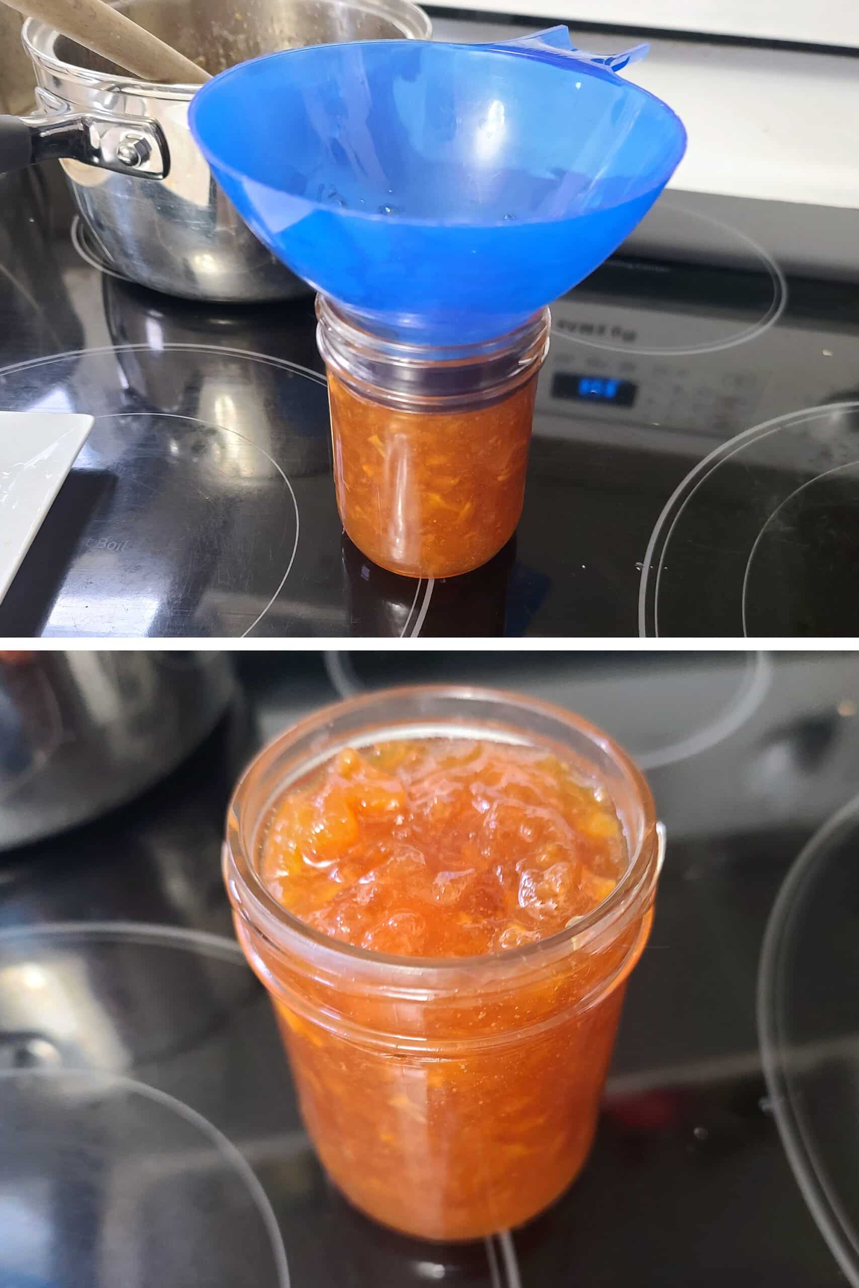 A 2 part image showing the jam being poured into a jar, using a blue funnel.