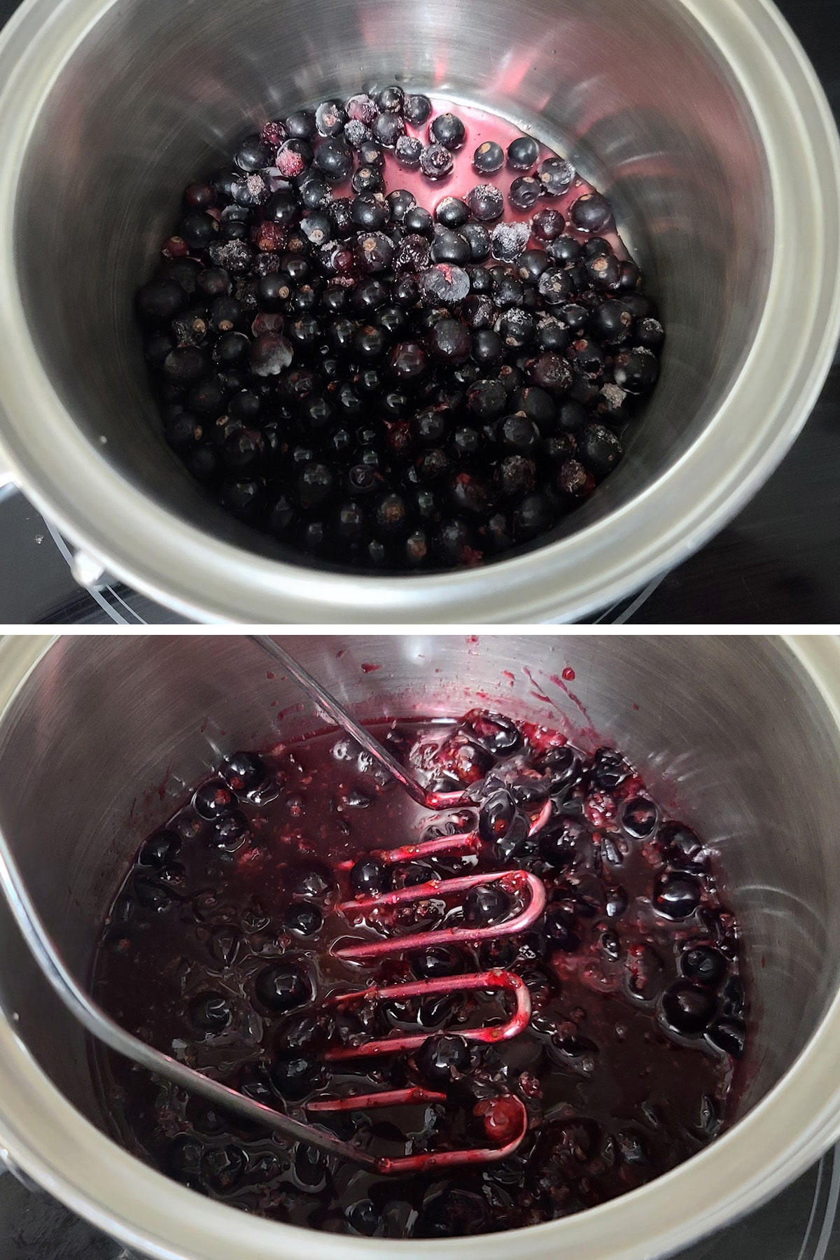 Blackcurrants cooking in a pot.