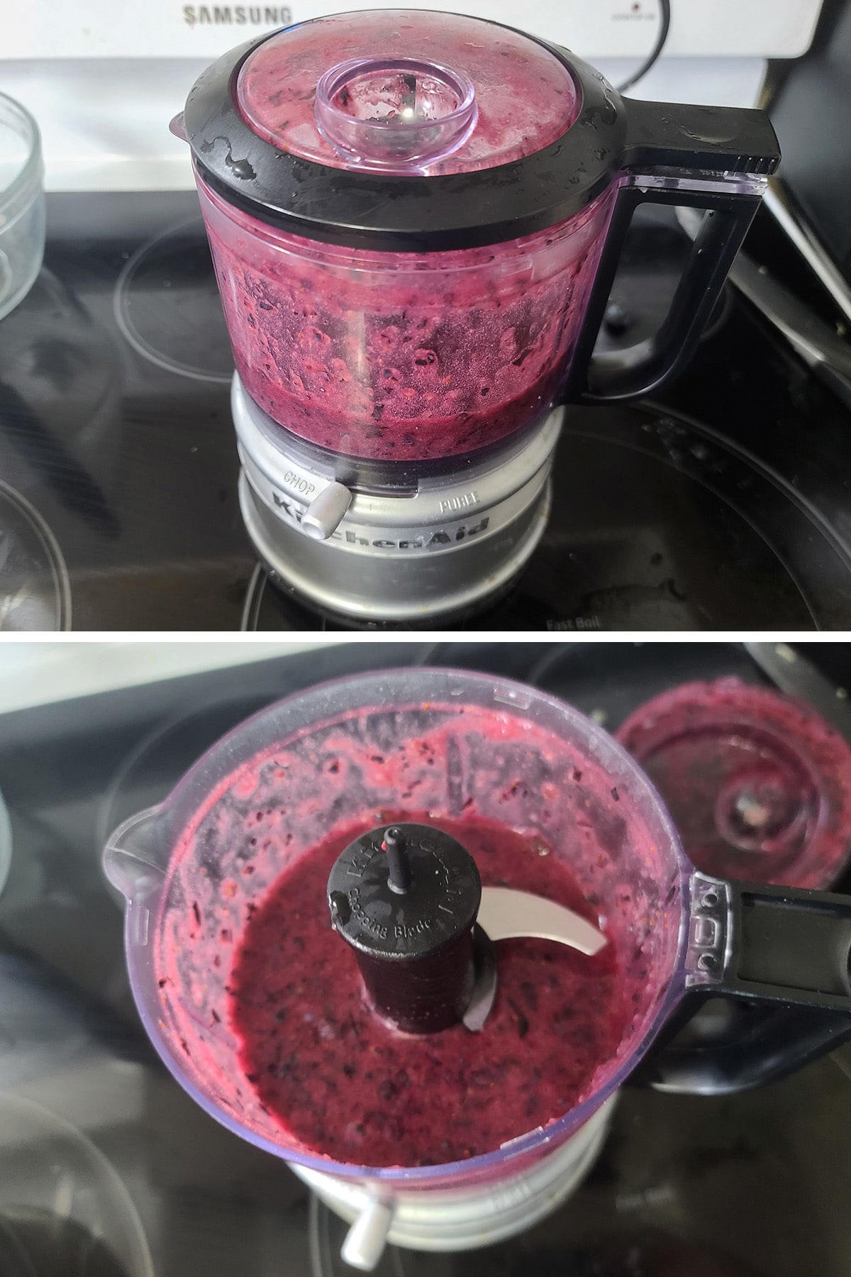 Blueberries being pureed in a mini food processor.