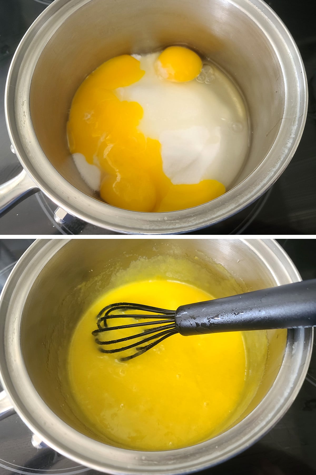 Eggs and sugar being whisked together in a pot.
