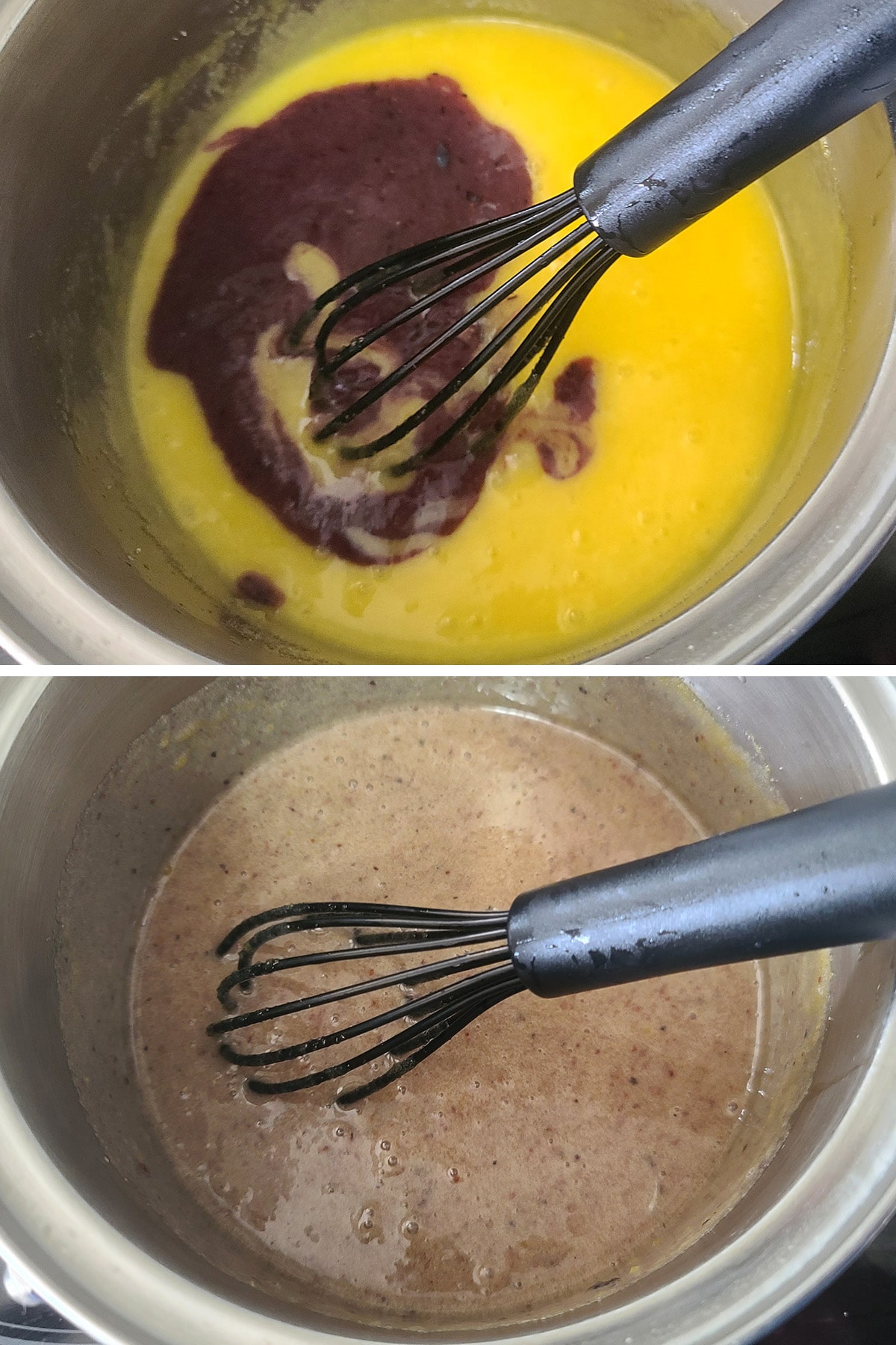 Blueberry puree being added to the pot and whisked in.