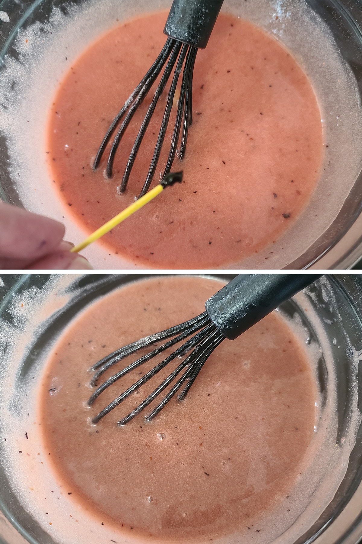 A small amount of purple food colouring being stirred into the curd.