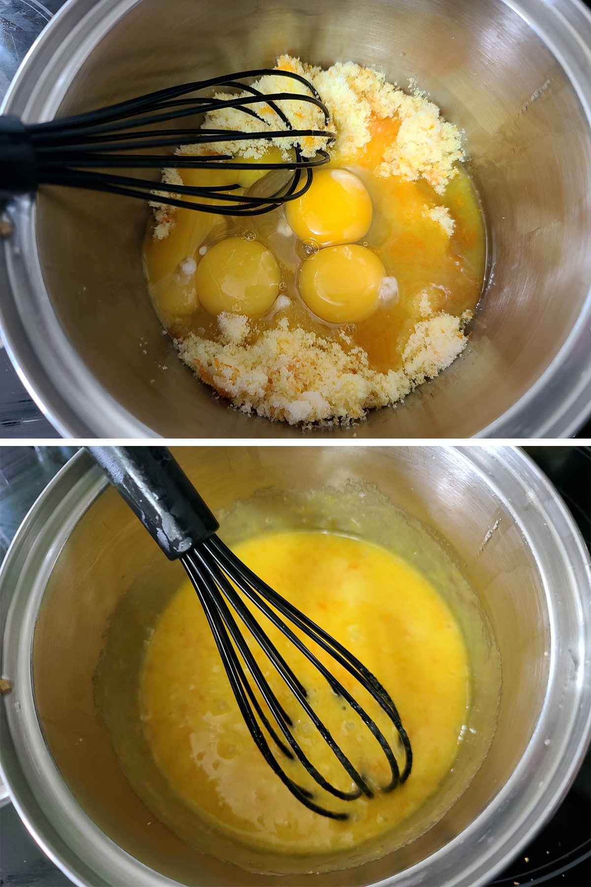 Zest, sugar, and eggs being whisked together in a pot.