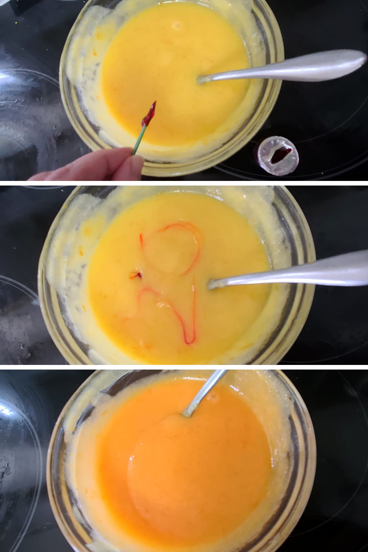 Orange food colouring being mixed into the curd.