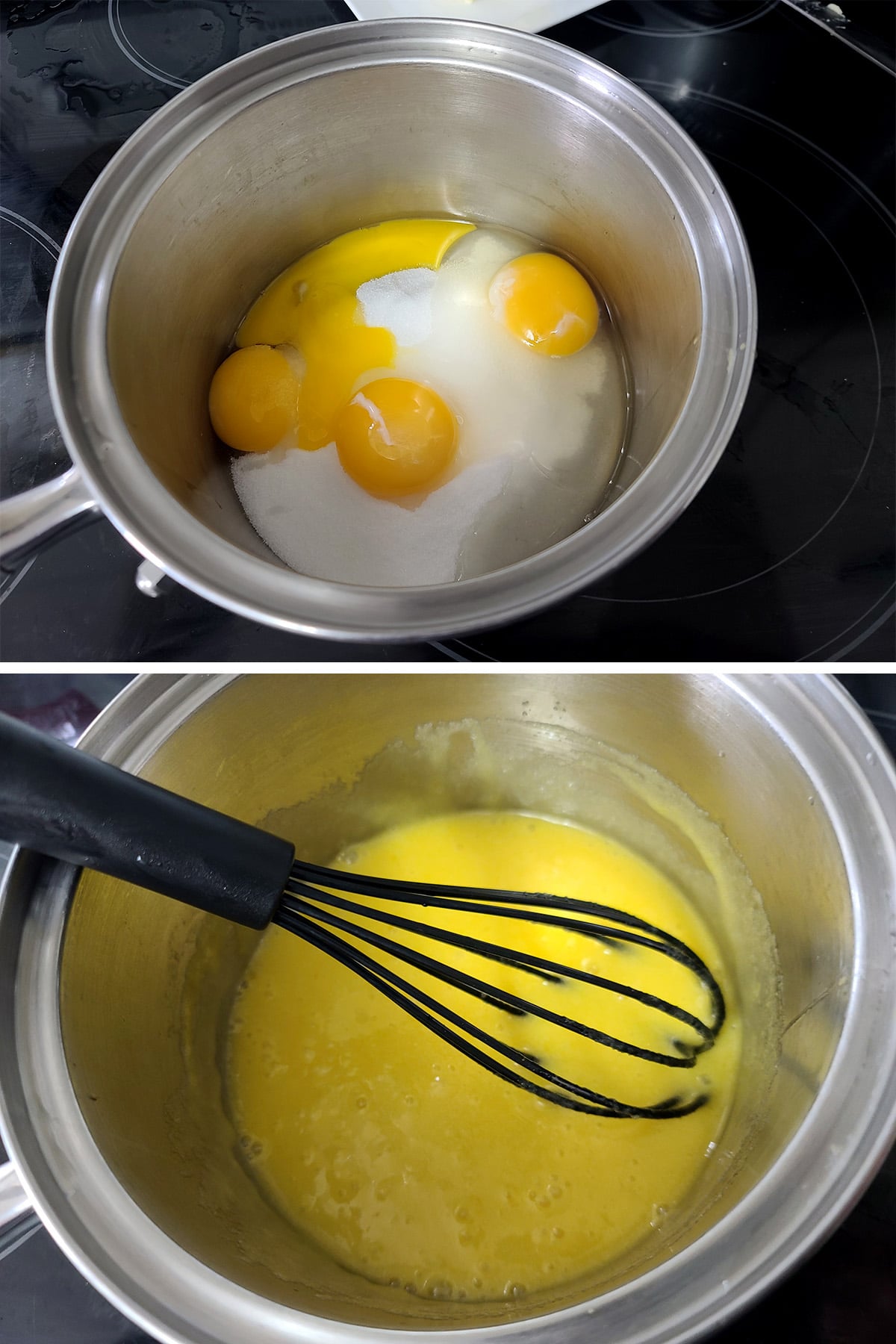 Eggs and sugar being whisked together in a pot.