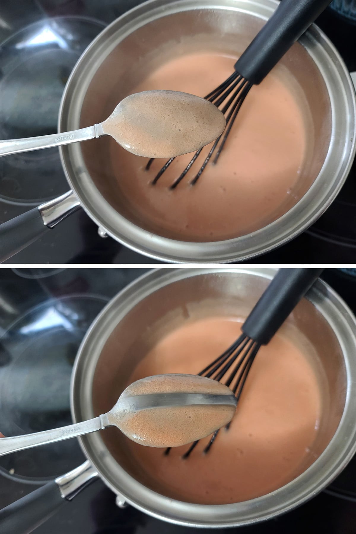 A spoon coated in the hot curd, with a line traced through it.