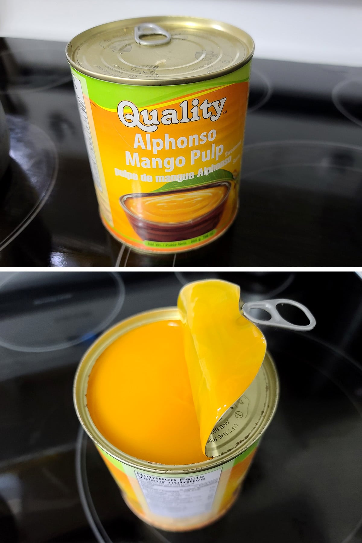 A can of mango pulp being opened.