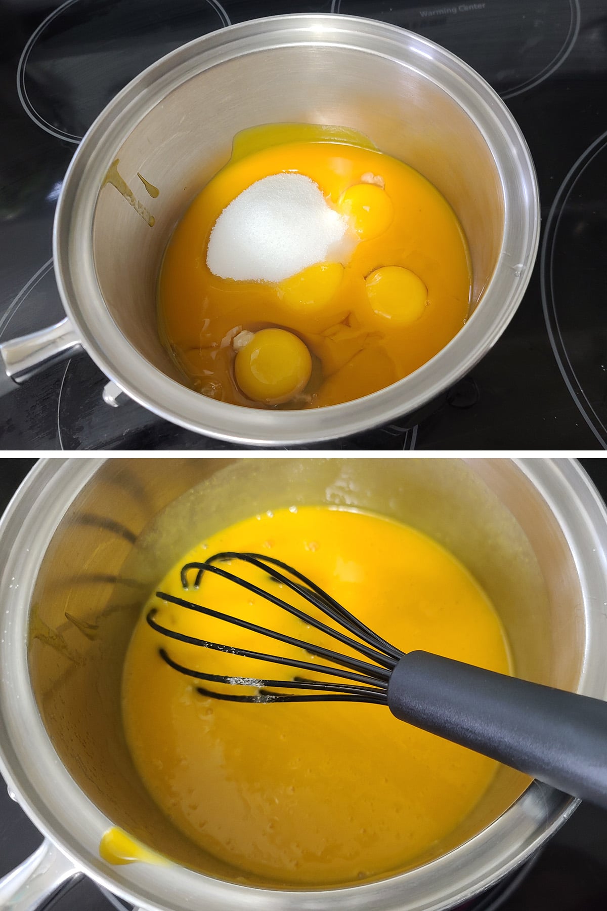 Eggs, sugar, and mango being whisked together.