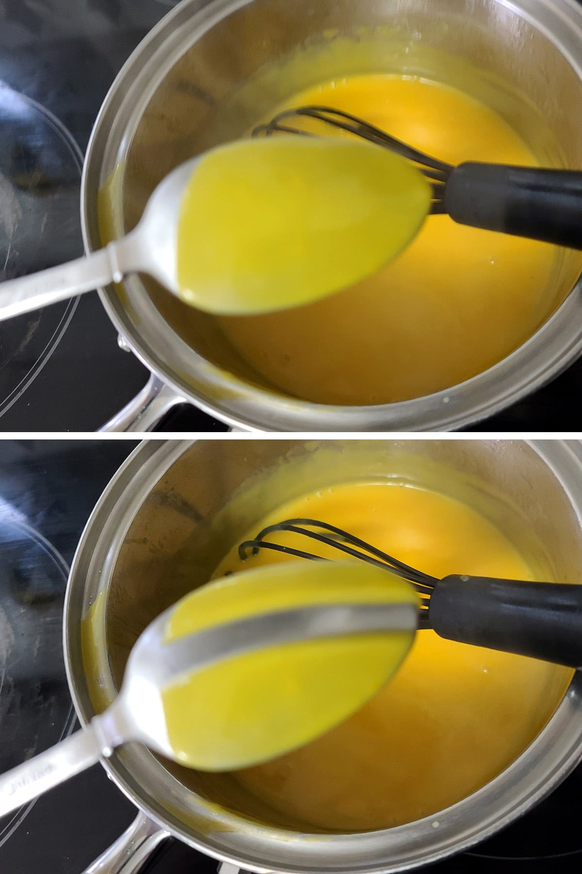 Thick mango curd on the back of a spoon, with a path traced through it.