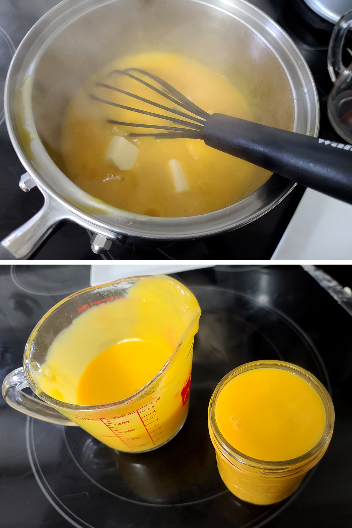 Butter being mixed into hot mango curd, the curd being transferred to a jar.