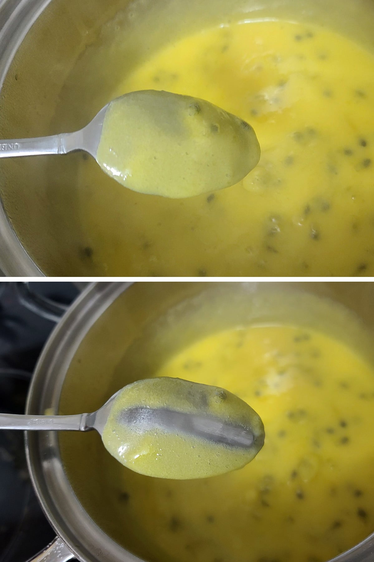 The back of a spoon is coated with passion fruit curd. A line has been traced through the curd.
