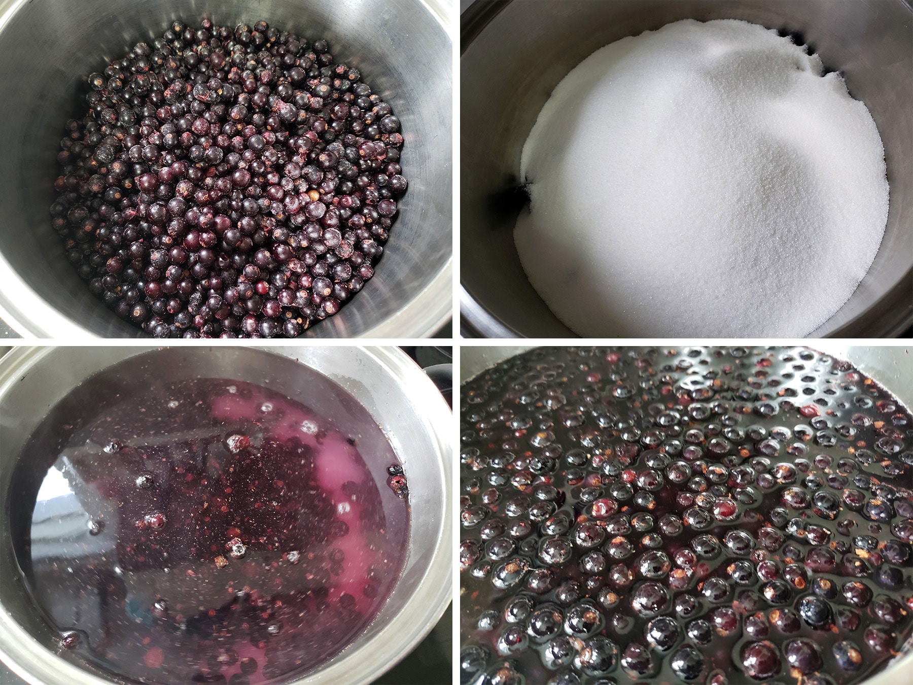 A large pot with blackcurrants, sugar, and water being mixed together.