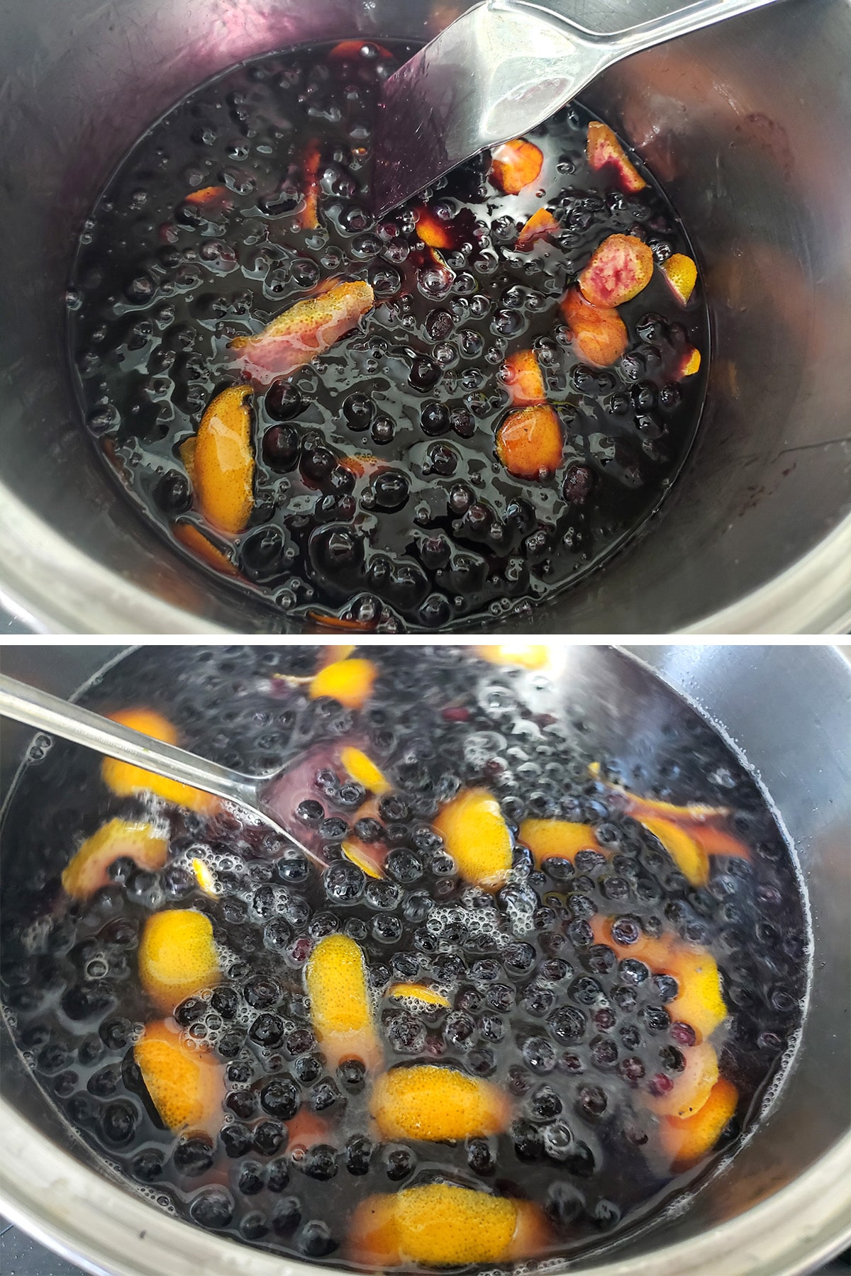 A large pot of water, honey, blueberries, and orange peels.