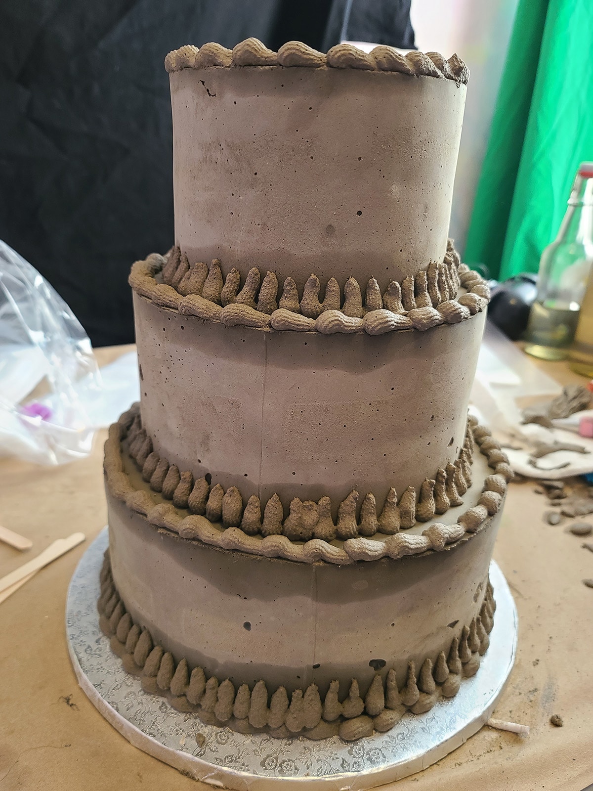 A 3 tiered wedding cake - Lambeth style - completely made from cement.