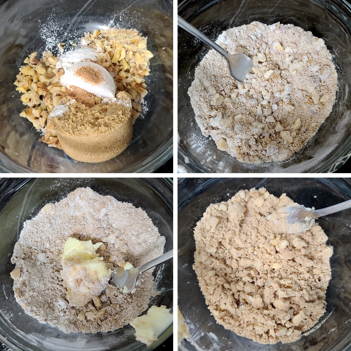 A 4 part progression image showing the streusel being made.