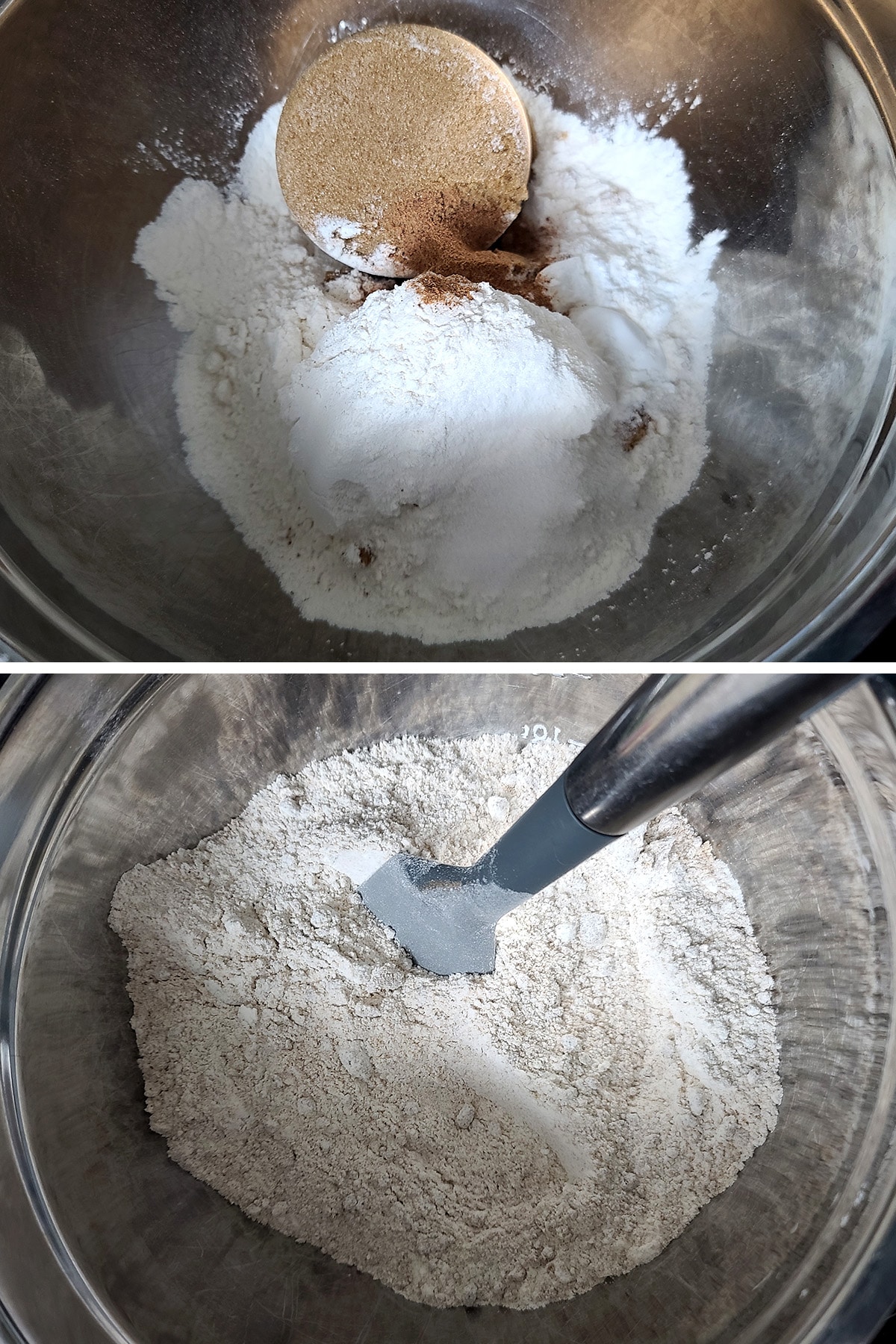 The dry ingredients in a metal bowl, before and after being mixed together.