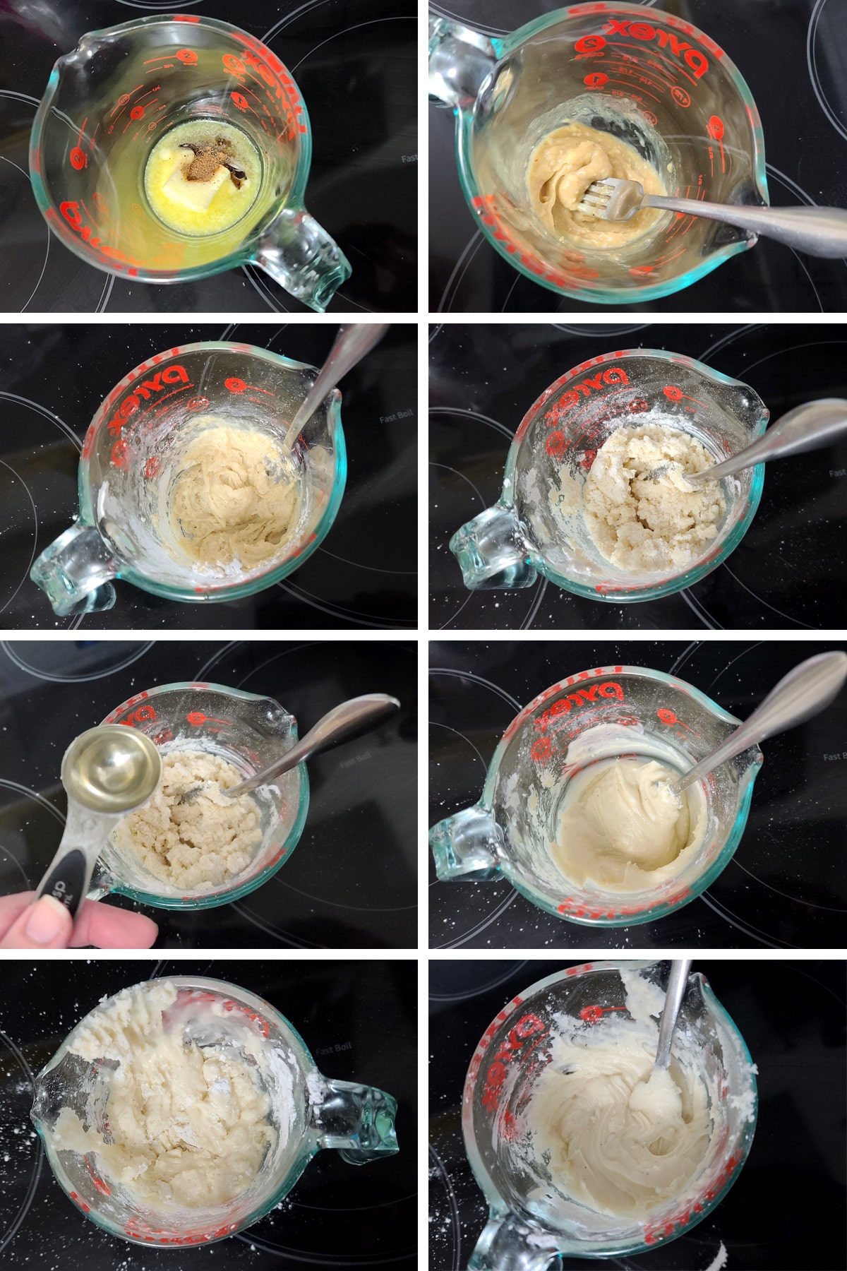 An 8 part image showing the glaze being mixed together, per the post instructions.