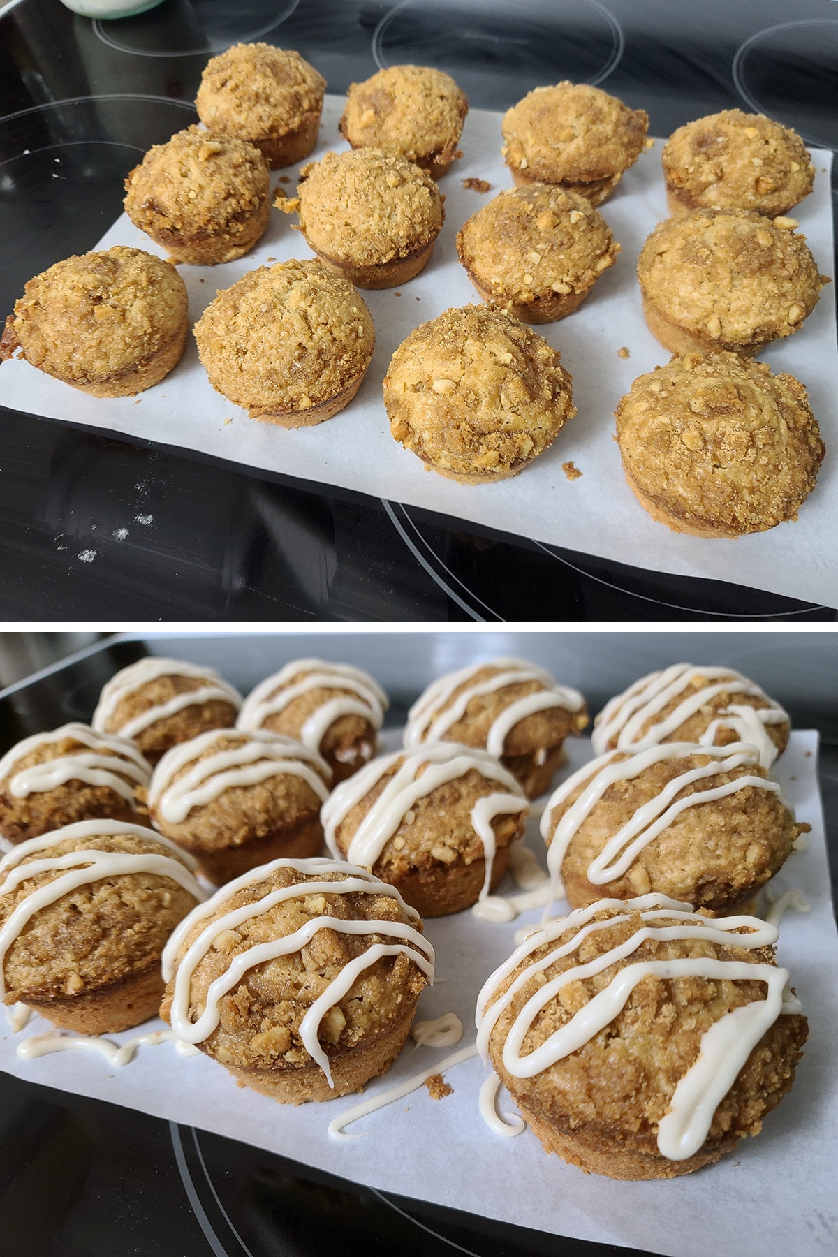 12 muffins on a sheet of parchment paper, before and after being drizzled with maple nutmeg glaze.