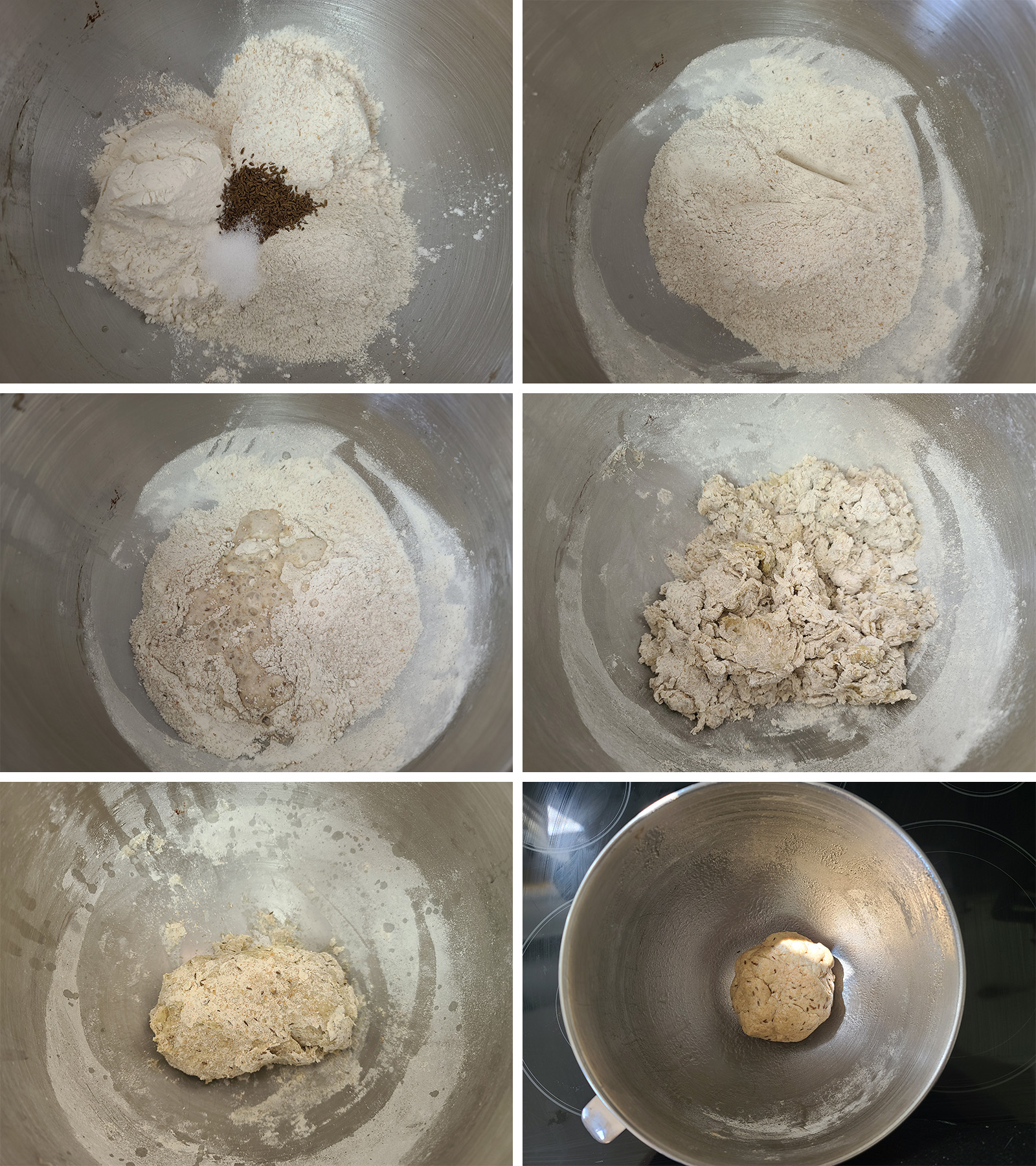 A 6 photo progression of the dough, from dry ingredients to smooth dough.