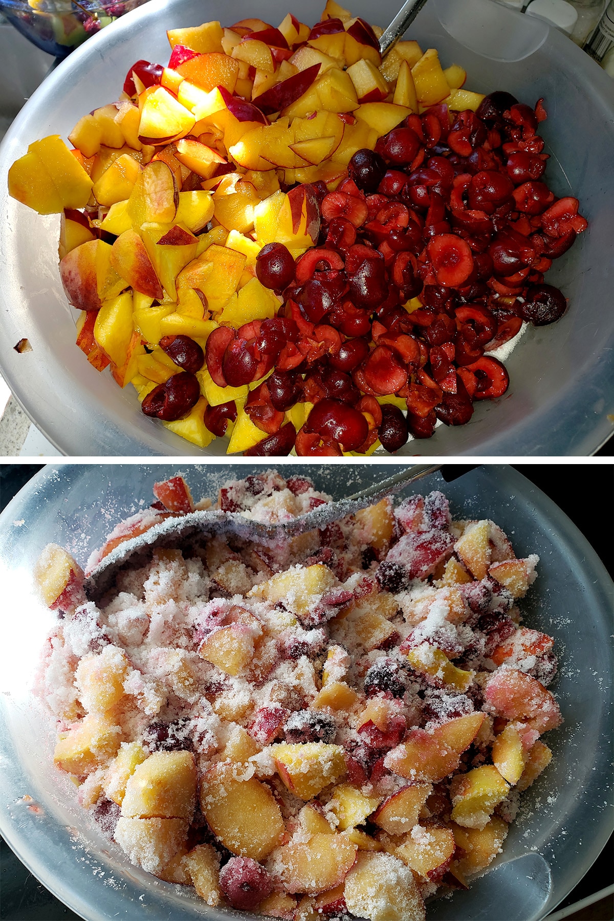 A bowl of cut up stone fruits, with sugar being stirred in.