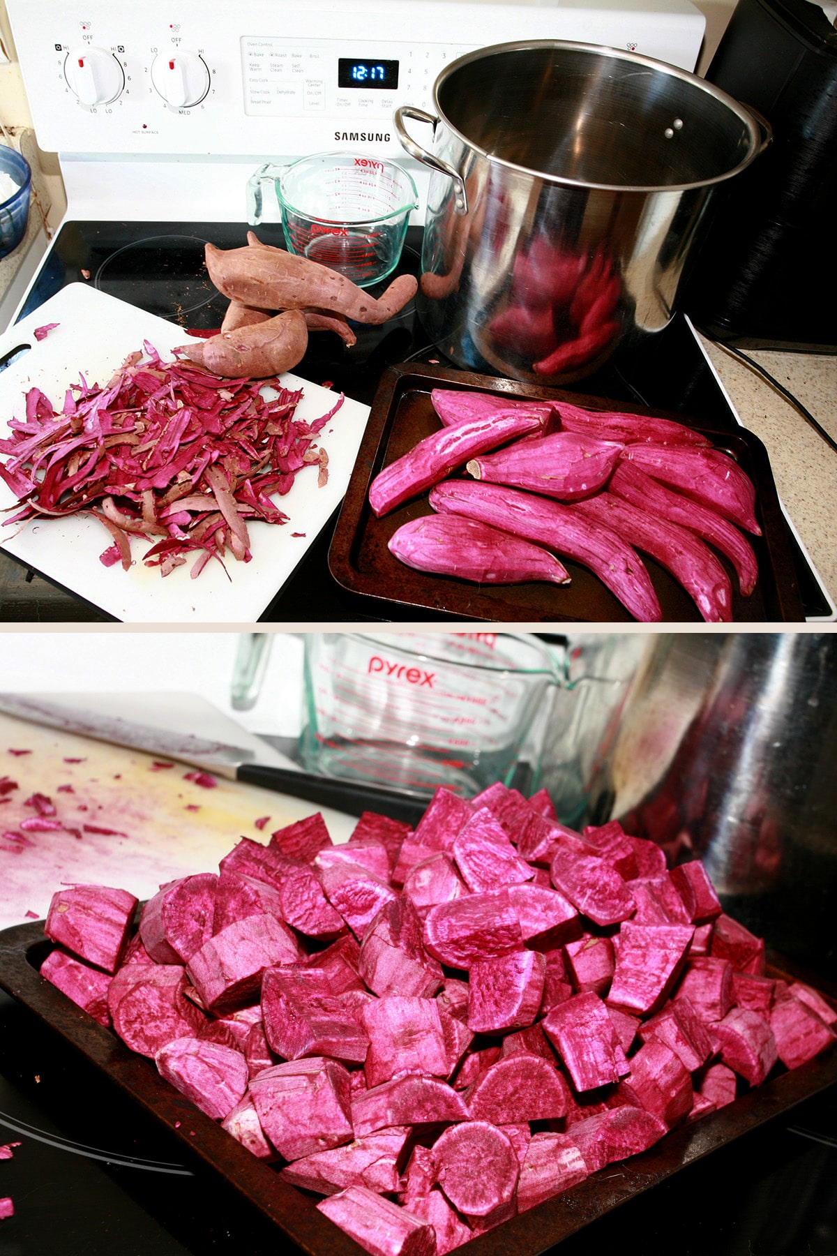 Several Ube being peeled and chopped into chunks.