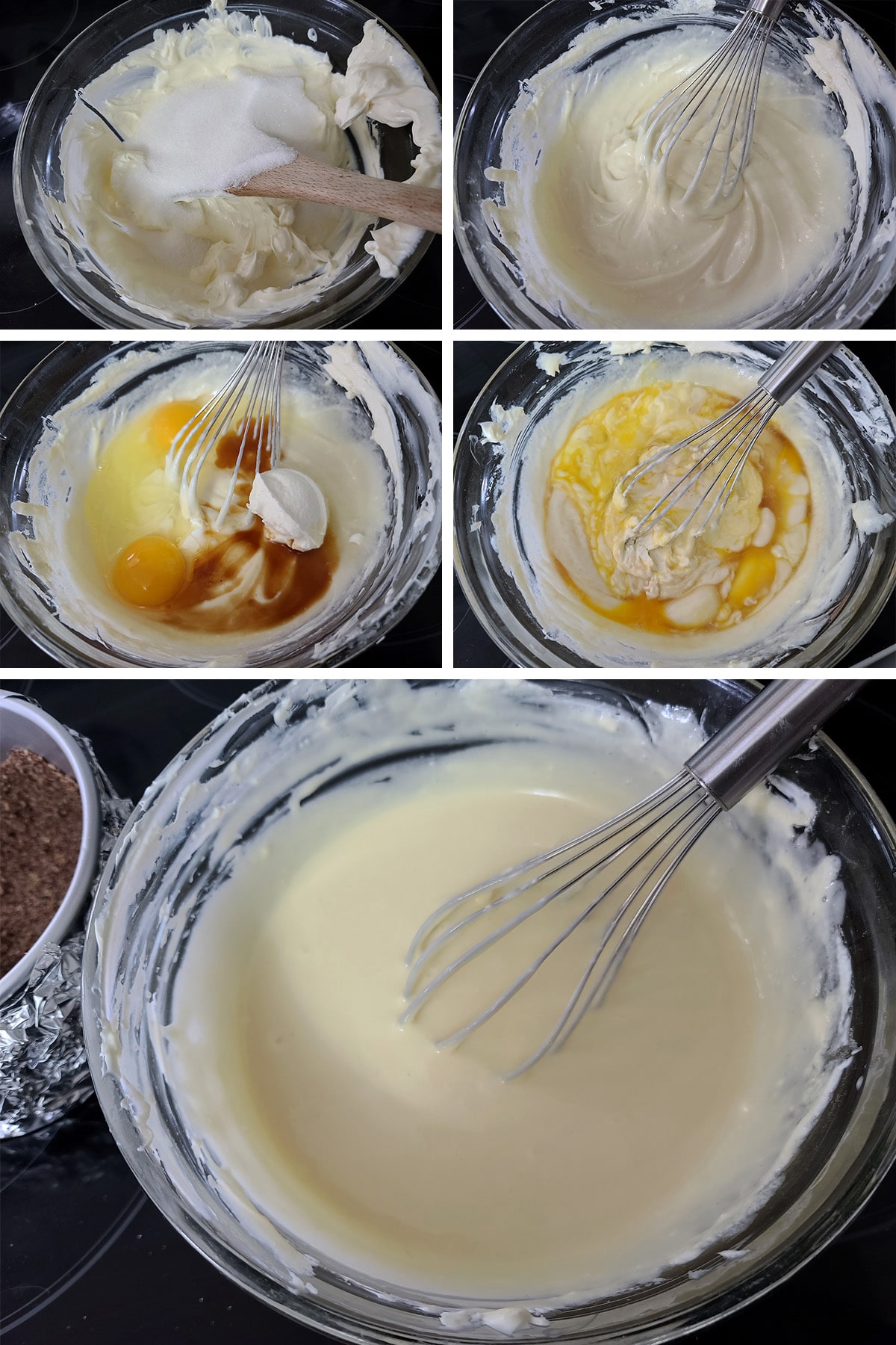 A 5 part image showing the cheesecake batter being mixed together with a whisk.
