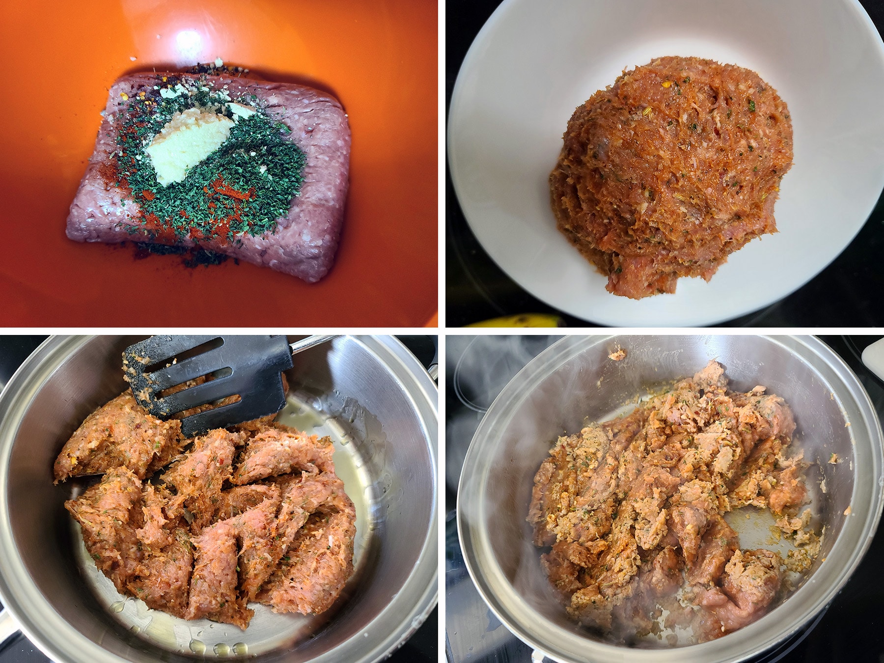 A 4 part image showing how to make an Italian Sausage substitute from ground chicken, as described.