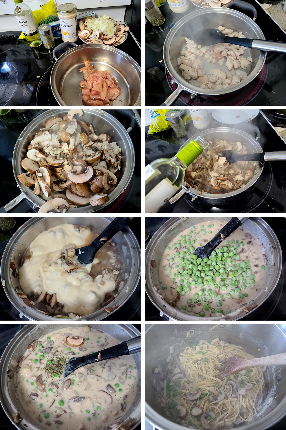 An 8 part image showing the steps to make chicken tetrazzini from store bought pasta sauce, as described in the post.
