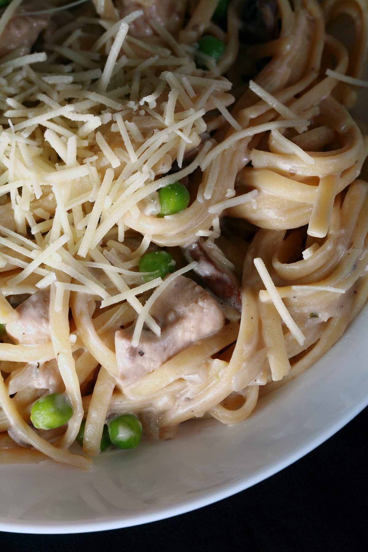 A bowl of chicken tetrazzini. Linguini noodles, chicken, mushrooms, peas, cream sauce.