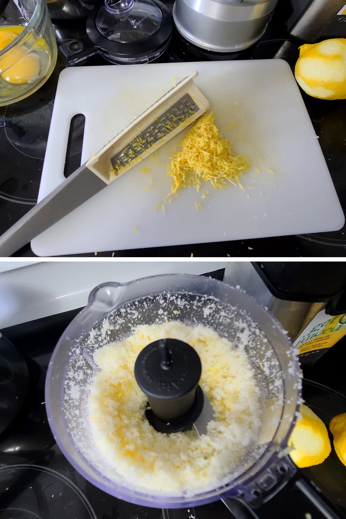 Lemon zest on a cutting board, and a mini food processor with sugar and lemon zest in it.