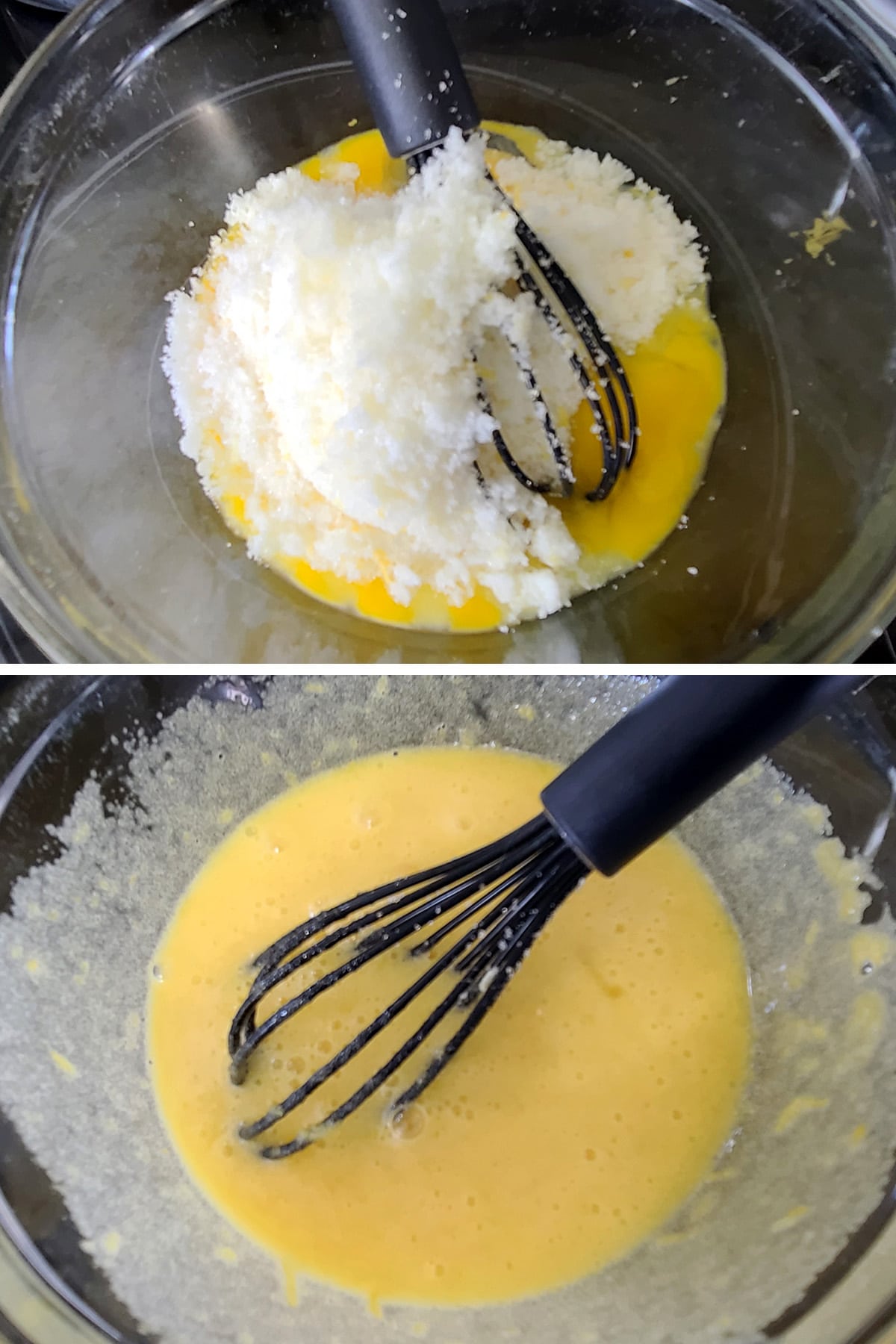 Sugar and egg being whisked together.