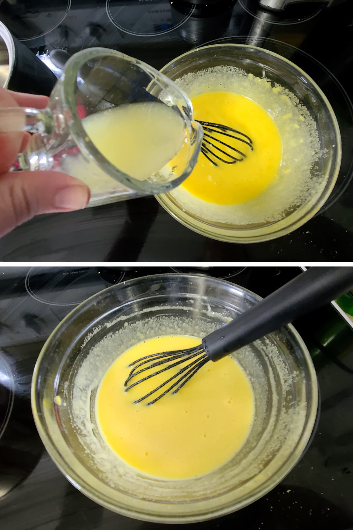 Lemon juice being added to the egg and sugar mixture and whisked in.