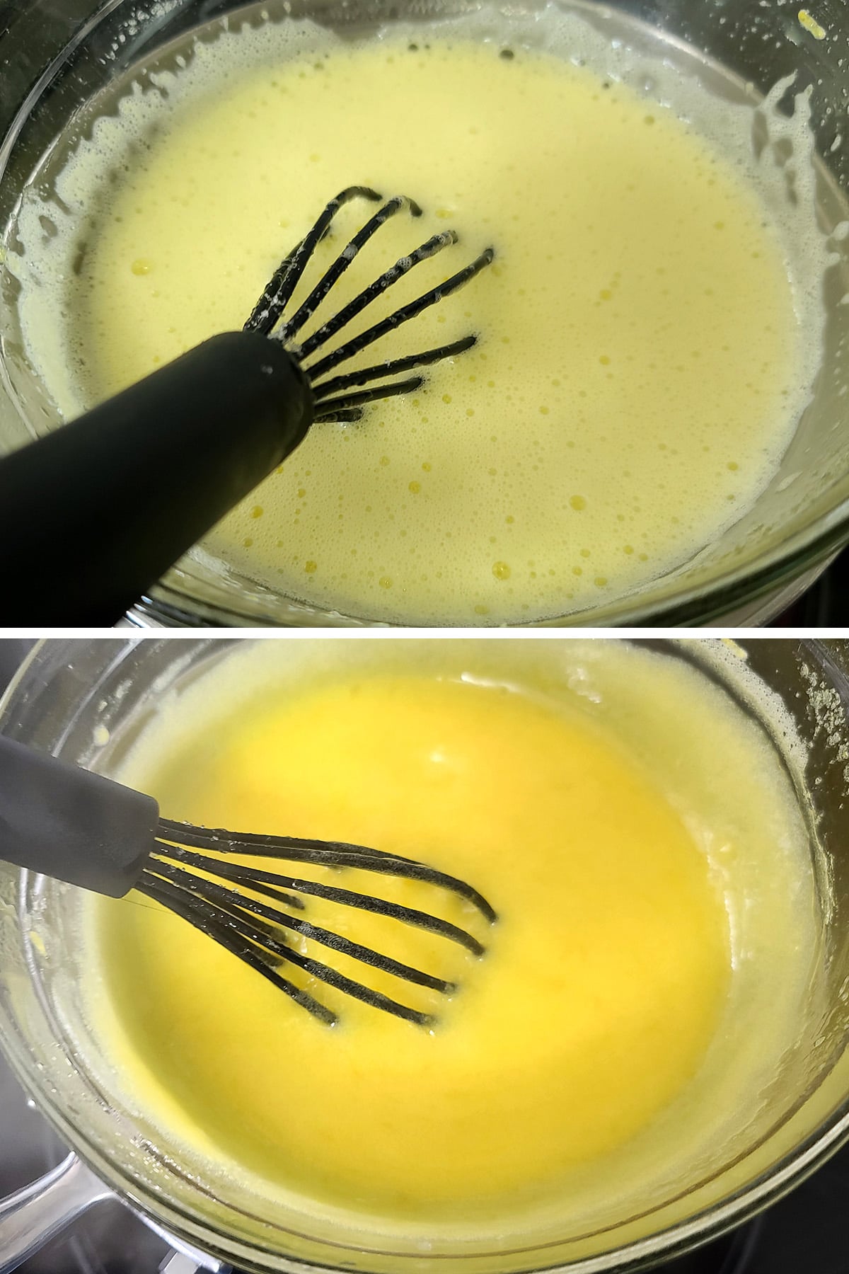 Lemon curd being whisked together over a double boiler.