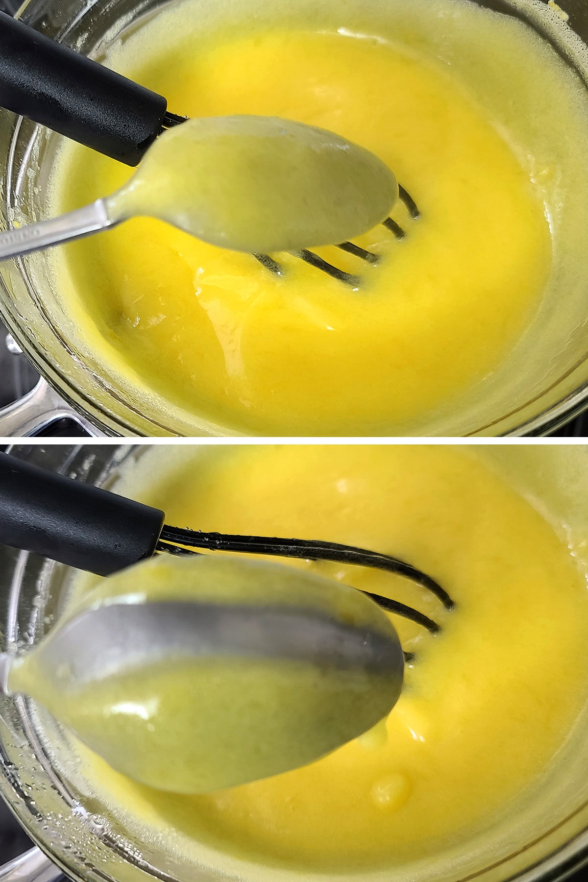 The back of a spoon being held over the bowl of lemon curd. There is a line of spoon  showing in the middle of the curd coating.