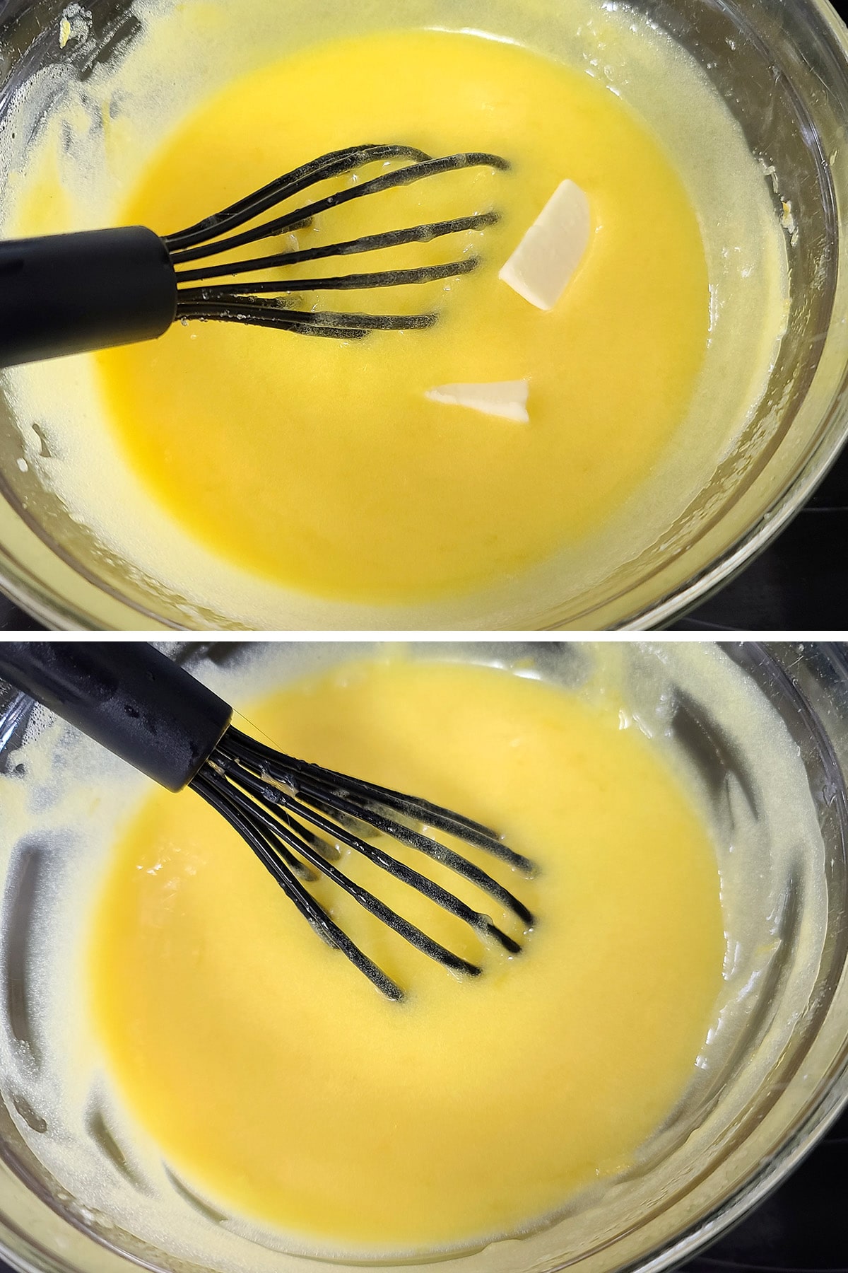 Butter being whisked into the curd.