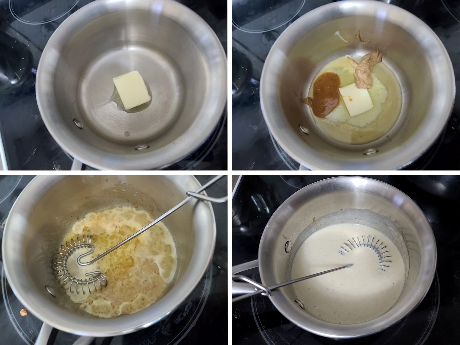 A 4 part image showing the first few steps of the sauce coming together.