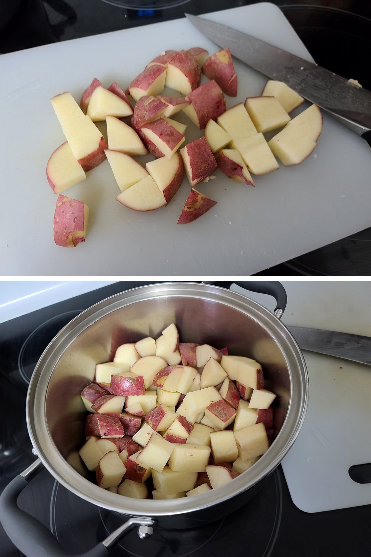 Red potatoes being chopped and added to a pot.