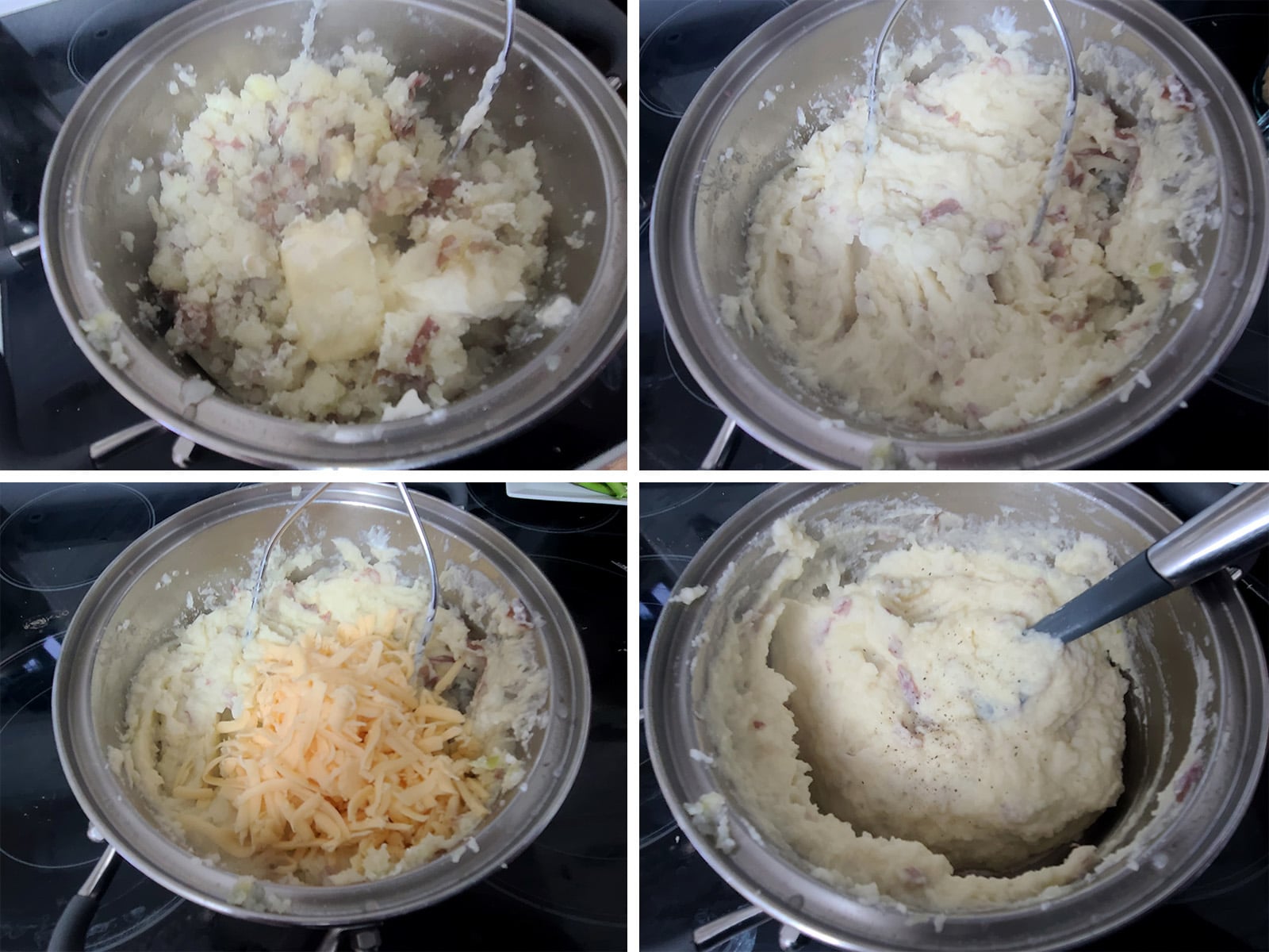 A 4 part image showing the remaining ingredients being added and mashed in.
